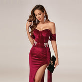 Off Shoulder Split Thigh Velvet Prom Dress